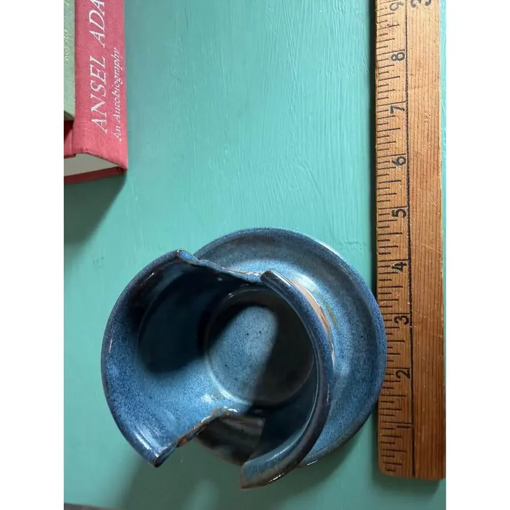 Signed Studio Pottery Floral Candle Holder – Handcrafted Blue & Brown Stoneware